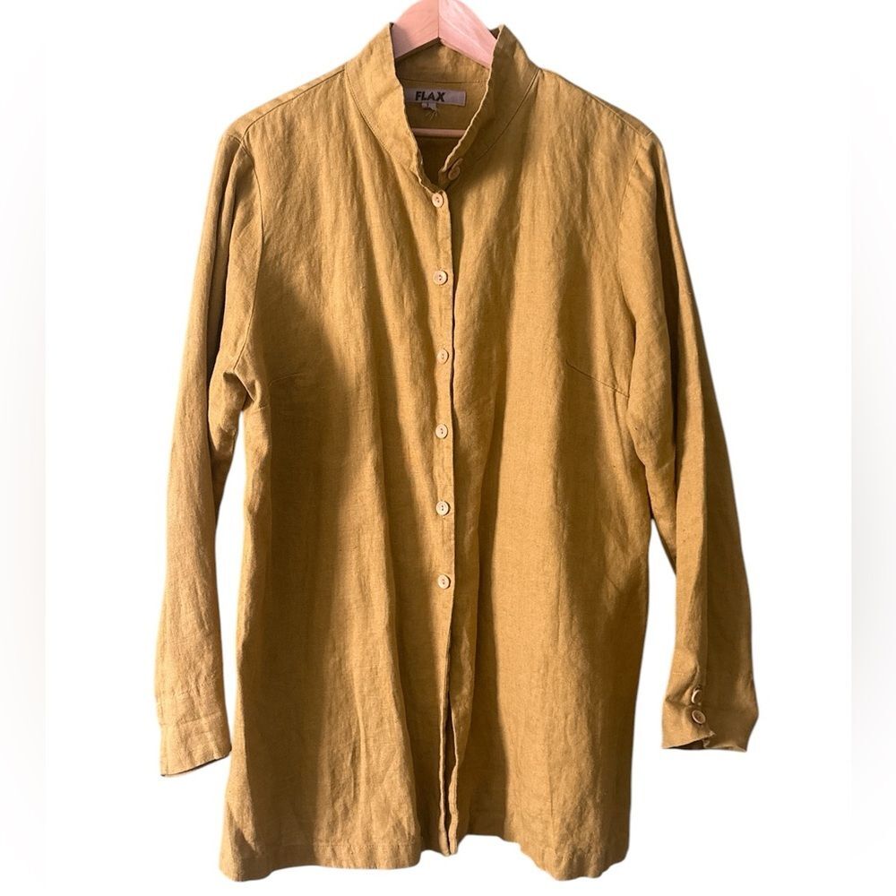 FLAX Made in Lithuania 100% Linen Yellow Green Button Down Lagenlook Shirt Sz L